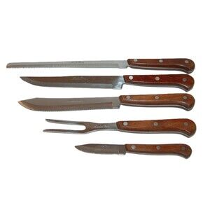 VINTAGE MEDALLION STAINLESS JAPAN KINFE FORK SET OF 5 BROWN WOOD HANDLE 3 RIVETS
